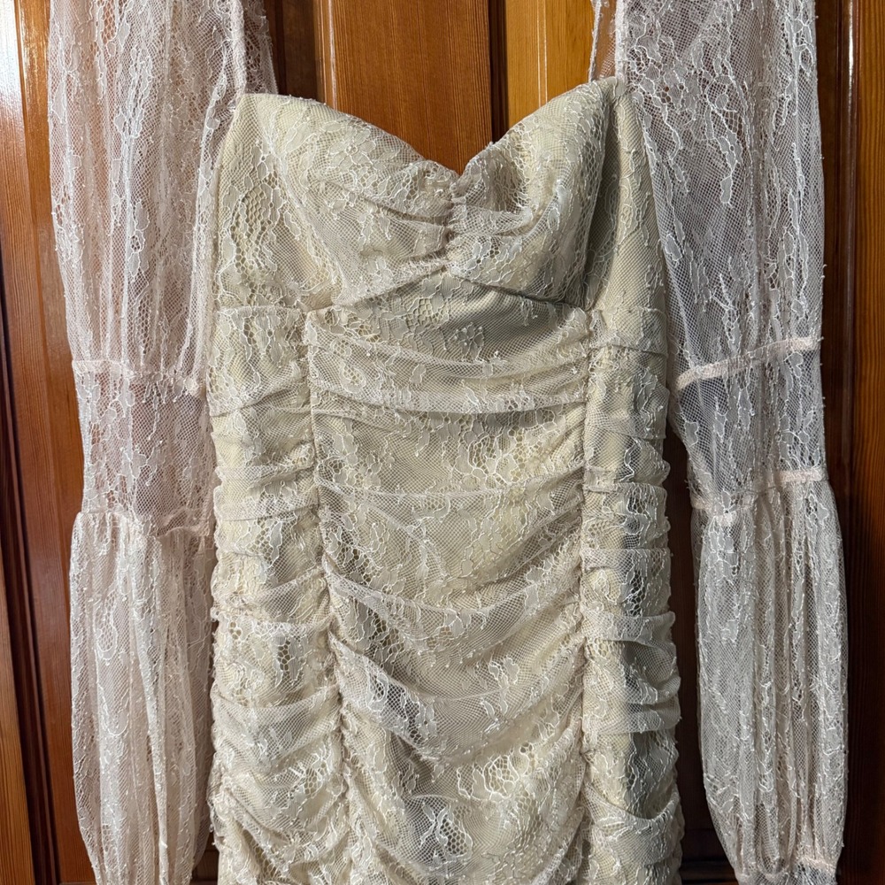Michael Costello x REVOLVE Dress Women S Nude Excellent Ruched Lace Mini Bodycon - Picture 9 of 9